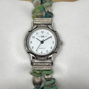 LA Express Watch Women 24mm Silver Tone Green Gemstone Band New Battery 6.25"